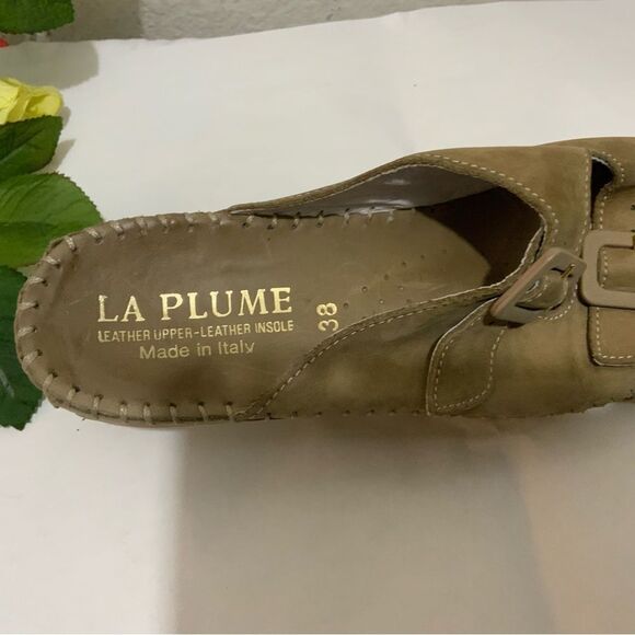 La Plume Tan  Leather Slide Wedge 2 Buckle Sandals Size 38 - Picture 9 of 11